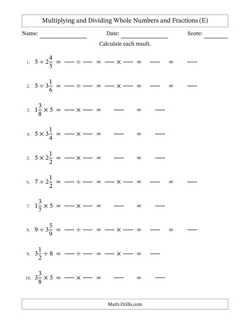 The Multiplying and Dividing Mixed Fractions and Whole Numbers with No Simplifying (Fillable) (E) Math Worksheet