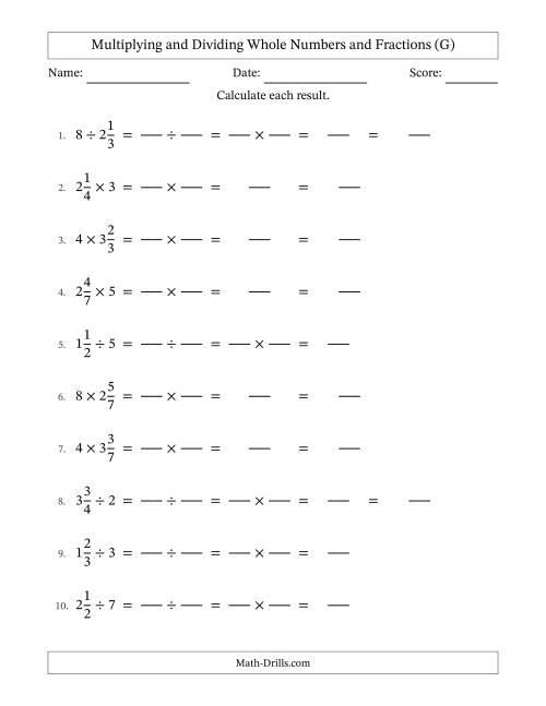 The Multiplying and Dividing Mixed Fractions and Whole Numbers with No Simplifying (Fillable) (G) Math Worksheet