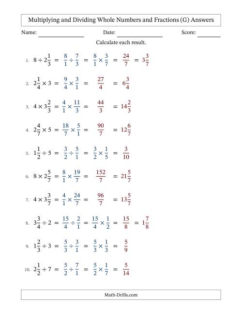 The Multiplying and Dividing Mixed Fractions and Whole Numbers with No Simplifying (Fillable) (G) Math Worksheet Page 2