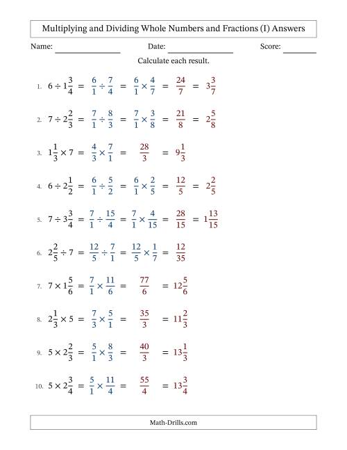 The Multiplying and Dividing Mixed Fractions and Whole Numbers with No Simplifying (Fillable) (I) Math Worksheet Page 2