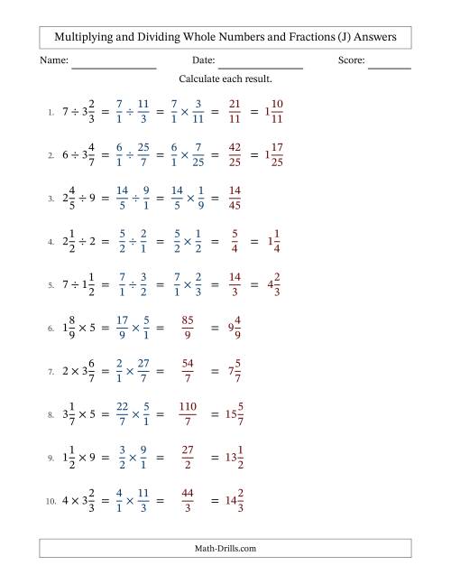 The Multiplying and Dividing Mixed Fractions and Whole Numbers with No Simplifying (Fillable) (J) Math Worksheet Page 2