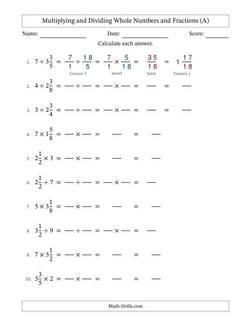 The Multiplying and Dividing Mixed Fractions and Whole Numbers with No Simplifying (Fillable) (All) Math Worksheet