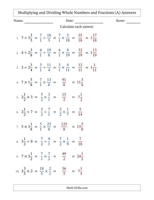 The Multiplying and Dividing Mixed Fractions and Whole Numbers with No Simplifying (Fillable) (All) Math Worksheet Page 2