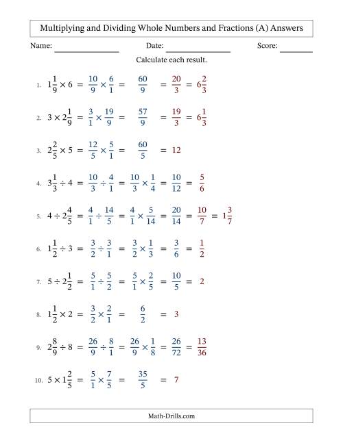The Multiplying and Dividing Mixed Fractions and Whole Numbers with All Simplifying (Fillable) (A) Math Worksheet Page 2