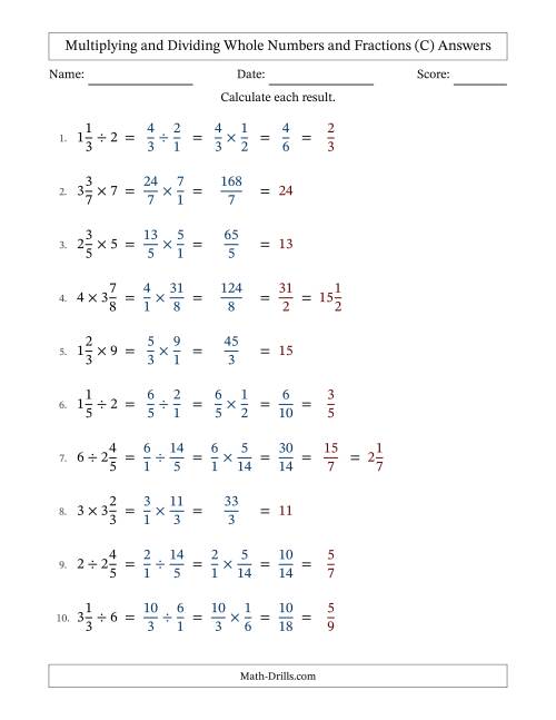 The Multiplying and Dividing Mixed Fractions and Whole Numbers with All Simplifying (Fillable) (C) Math Worksheet Page 2