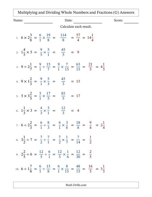The Multiplying and Dividing Mixed Fractions and Whole Numbers with All Simplifying (Fillable) (G) Math Worksheet Page 2