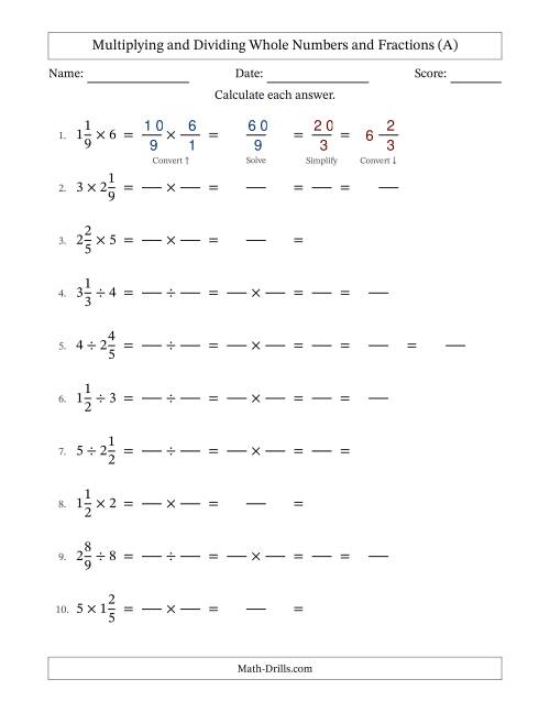 The Multiplying and Dividing Mixed Fractions and Whole Numbers with All Simplifying (Fillable) (All) Math Worksheet