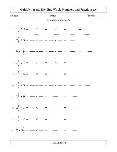 The Multiplying and Dividing Mixed Fractions and Whole Numbers with Some Simplifying (Fillable) (A) Math Worksheet