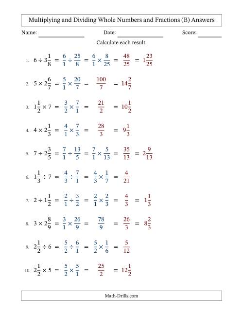 The Multiplying and Dividing Mixed Fractions and Whole Numbers with Some Simplifying (Fillable) (B) Math Worksheet Page 2