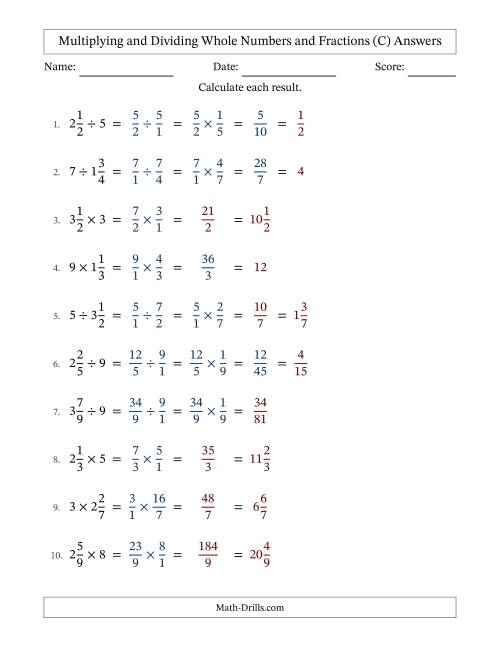 The Multiplying and Dividing Mixed Fractions and Whole Numbers with Some Simplifying (Fillable) (C) Math Worksheet Page 2