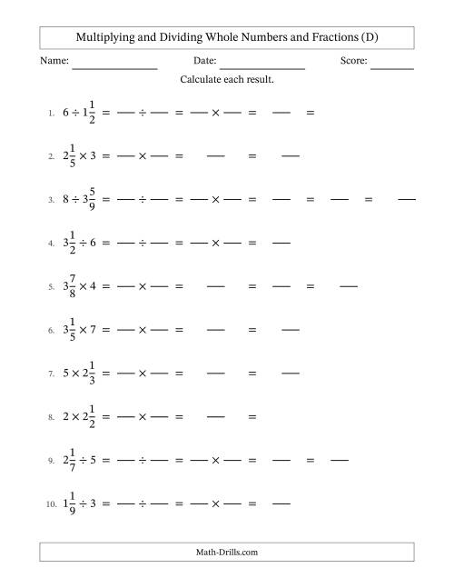 The Multiplying and Dividing Mixed Fractions and Whole Numbers with Some Simplifying (Fillable) (D) Math Worksheet