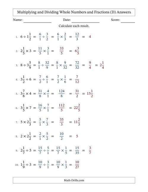The Multiplying and Dividing Mixed Fractions and Whole Numbers with Some Simplifying (Fillable) (D) Math Worksheet Page 2