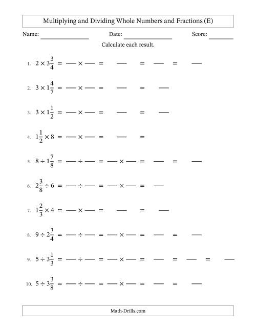 The Multiplying and Dividing Mixed Fractions and Whole Numbers with Some Simplifying (Fillable) (E) Math Worksheet
