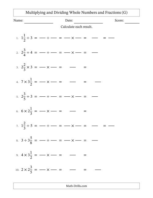 The Multiplying and Dividing Mixed Fractions and Whole Numbers with Some Simplifying (Fillable) (G) Math Worksheet