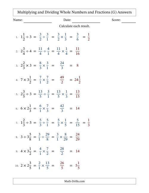 The Multiplying and Dividing Mixed Fractions and Whole Numbers with Some Simplifying (Fillable) (G) Math Worksheet Page 2