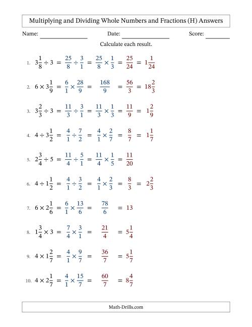 The Multiplying and Dividing Mixed Fractions and Whole Numbers with Some Simplifying (Fillable) (H) Math Worksheet Page 2