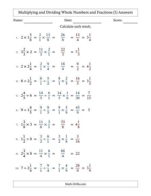 The Multiplying and Dividing Mixed Fractions and Whole Numbers with Some Simplifying (Fillable) (I) Math Worksheet Page 2