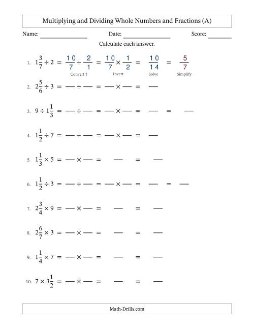 The Multiplying and Dividing Mixed Fractions and Whole Numbers with Some Simplifying (Fillable) (All) Math Worksheet