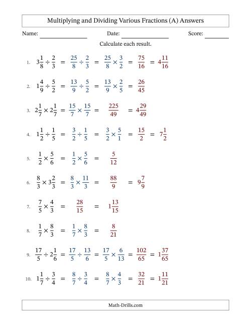 The Multiplying and Dividing Proper, Improper and Mixed Fractions with No Simplifying (Fillable) (A) Math Worksheet Page 2