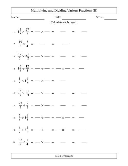 The Multiplying and Dividing Proper, Improper and Mixed Fractions with No Simplifying (Fillable) (B) Math Worksheet