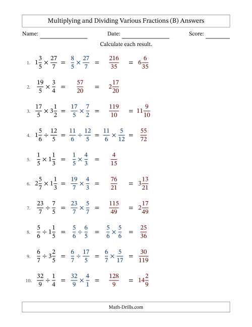 The Multiplying and Dividing Proper, Improper and Mixed Fractions with No Simplifying (Fillable) (B) Math Worksheet Page 2