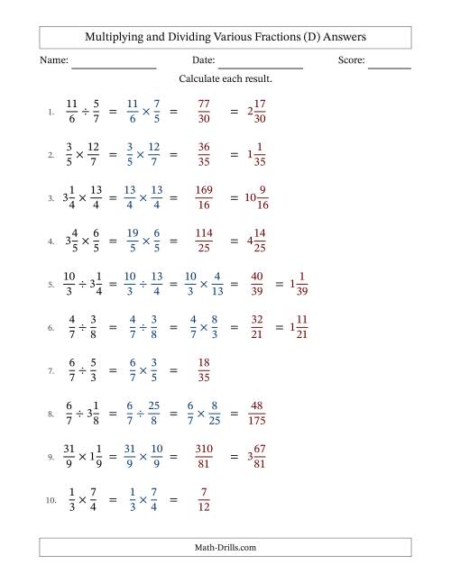 The Multiplying and Dividing Proper, Improper and Mixed Fractions with No Simplifying (Fillable) (D) Math Worksheet Page 2