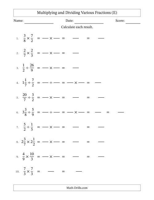 The Multiplying and Dividing Proper, Improper and Mixed Fractions with No Simplifying (Fillable) (E) Math Worksheet
