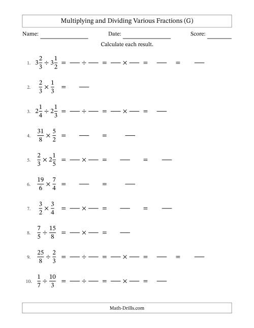The Multiplying and Dividing Proper, Improper and Mixed Fractions with No Simplifying (Fillable) (G) Math Worksheet