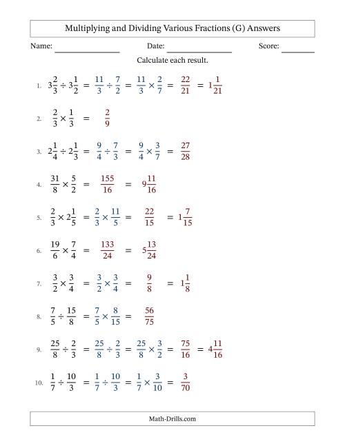 The Multiplying and Dividing Proper, Improper and Mixed Fractions with No Simplifying (Fillable) (G) Math Worksheet Page 2