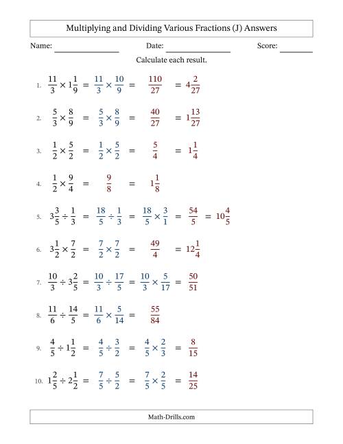 The Multiplying and Dividing Proper, Improper and Mixed Fractions with No Simplifying (Fillable) (J) Math Worksheet Page 2
