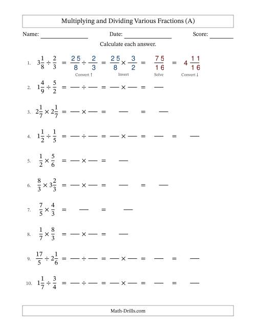 The Multiplying and Dividing Proper, Improper and Mixed Fractions with No Simplifying (Fillable) (All) Math Worksheet