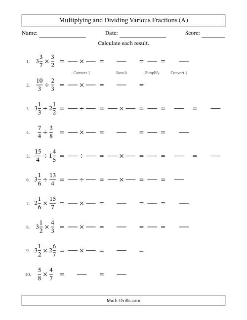 The Multiplying and Dividing Proper, Improper and Mixed Fractions with All Simplifying (Fillable) (A) Math Worksheet