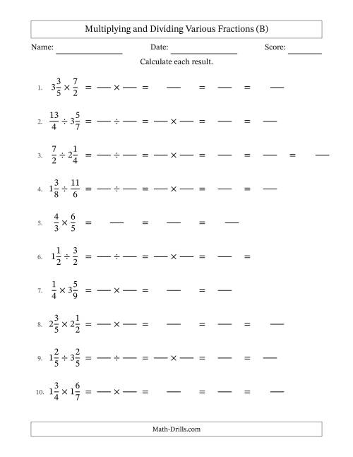 The Multiplying and Dividing Proper, Improper and Mixed Fractions with All Simplifying (Fillable) (B) Math Worksheet