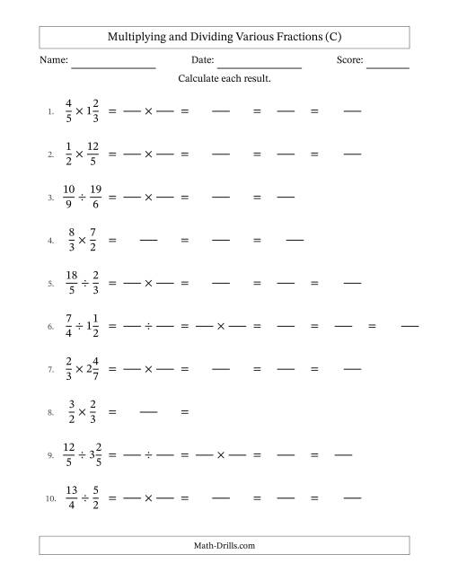 The Multiplying and Dividing Proper, Improper and Mixed Fractions with All Simplifying (Fillable) (C) Math Worksheet
