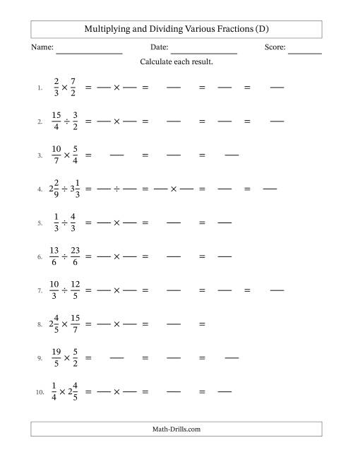 The Multiplying and Dividing Proper, Improper and Mixed Fractions with All Simplifying (Fillable) (D) Math Worksheet
