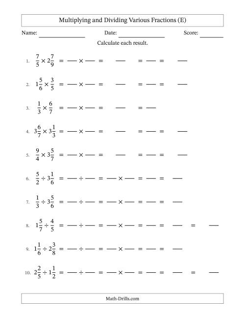 The Multiplying and Dividing Proper, Improper and Mixed Fractions with All Simplifying (Fillable) (E) Math Worksheet