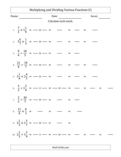 The Multiplying and Dividing Proper, Improper and Mixed Fractions with All Simplifying (Fillable) (I) Math Worksheet