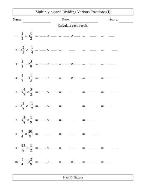 The Multiplying and Dividing Proper, Improper and Mixed Fractions with All Simplifying (Fillable) (J) Math Worksheet