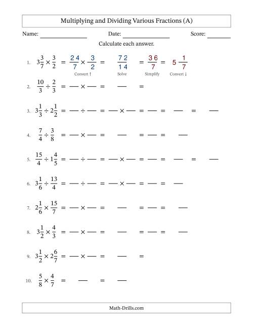 The Multiplying and Dividing Proper, Improper and Mixed Fractions with All Simplifying (Fillable) (All) Math Worksheet