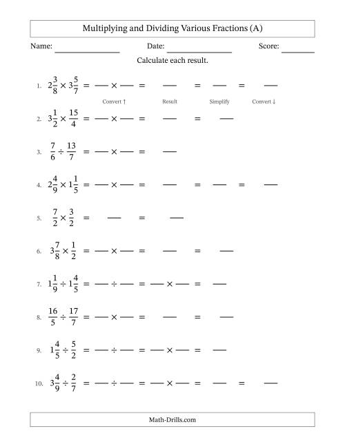 The Multiplying and Dividing Proper, Improper and Mixed Fractions with Some Simplifying (Fillable) (A) Math Worksheet