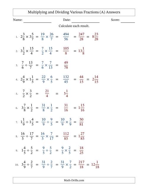 The Multiplying and Dividing Proper, Improper and Mixed Fractions with Some Simplifying (Fillable) (A) Math Worksheet Page 2
