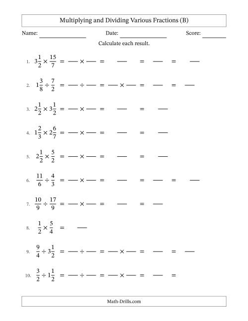 The Multiplying and Dividing Proper, Improper and Mixed Fractions with Some Simplifying (Fillable) (B) Math Worksheet