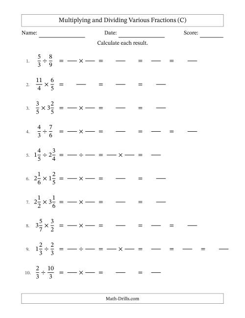 The Multiplying and Dividing Proper, Improper and Mixed Fractions with Some Simplifying (Fillable) (C) Math Worksheet