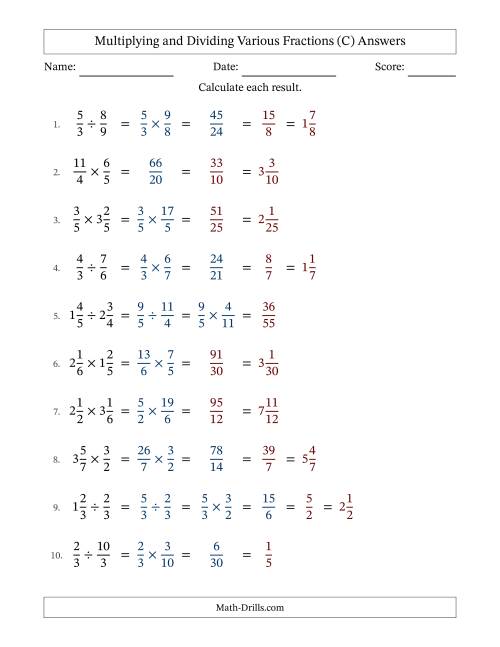 The Multiplying and Dividing Proper, Improper and Mixed Fractions with Some Simplifying (Fillable) (C) Math Worksheet Page 2