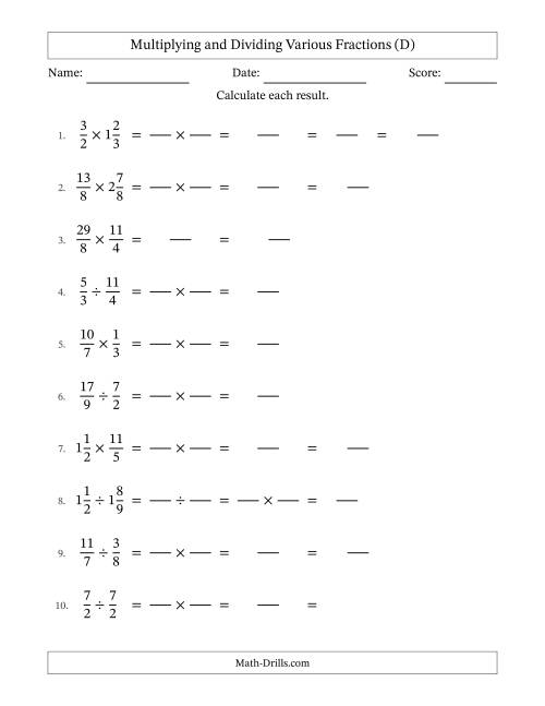 The Multiplying and Dividing Proper, Improper and Mixed Fractions with Some Simplifying (Fillable) (D) Math Worksheet