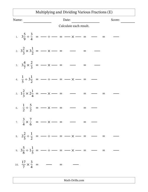 The Multiplying and Dividing Proper, Improper and Mixed Fractions with Some Simplifying (Fillable) (E) Math Worksheet