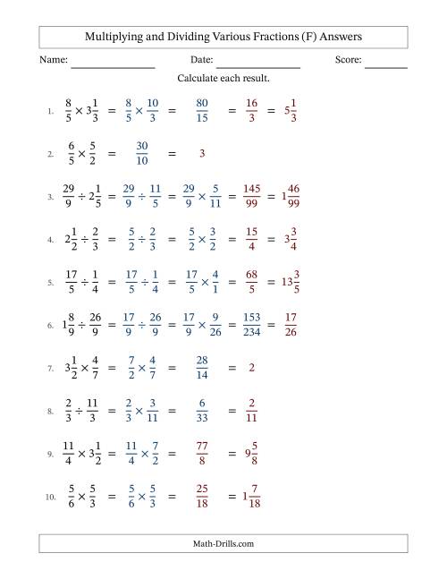 The Multiplying and Dividing Proper, Improper and Mixed Fractions with Some Simplifying (Fillable) (F) Math Worksheet Page 2