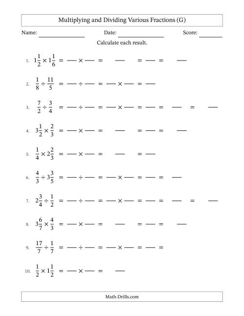 The Multiplying and Dividing Proper, Improper and Mixed Fractions with Some Simplifying (Fillable) (G) Math Worksheet