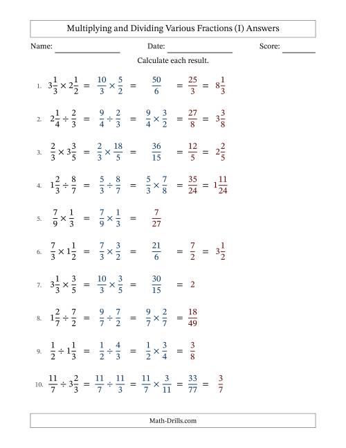 The Multiplying and Dividing Proper, Improper and Mixed Fractions with Some Simplifying (Fillable) (I) Math Worksheet Page 2