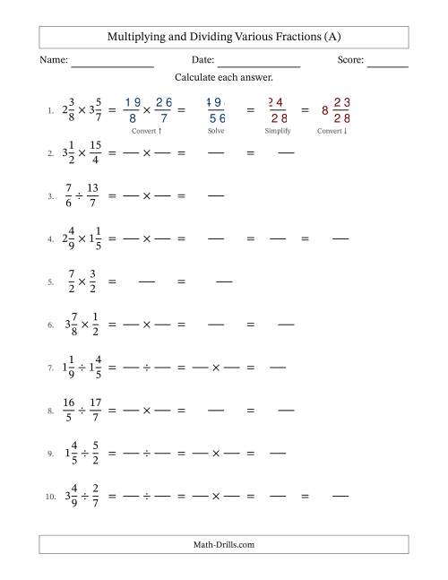 The Multiplying and Dividing Proper, Improper and Mixed Fractions with Some Simplifying (Fillable) (All) Math Worksheet